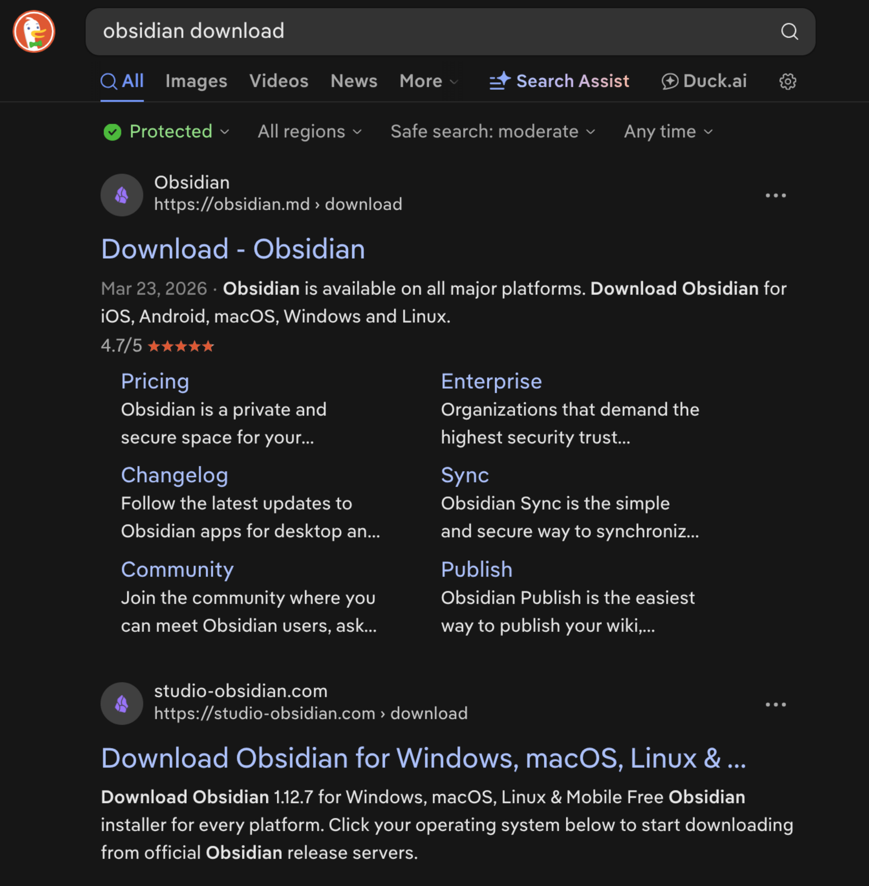 DuckDuckGo dark-mode results for "obsidian download," showing the legitimate obsidian.md download page first and the malicious studio-obsidian.com result second, advertising Obsidian 1.12.7 downloads