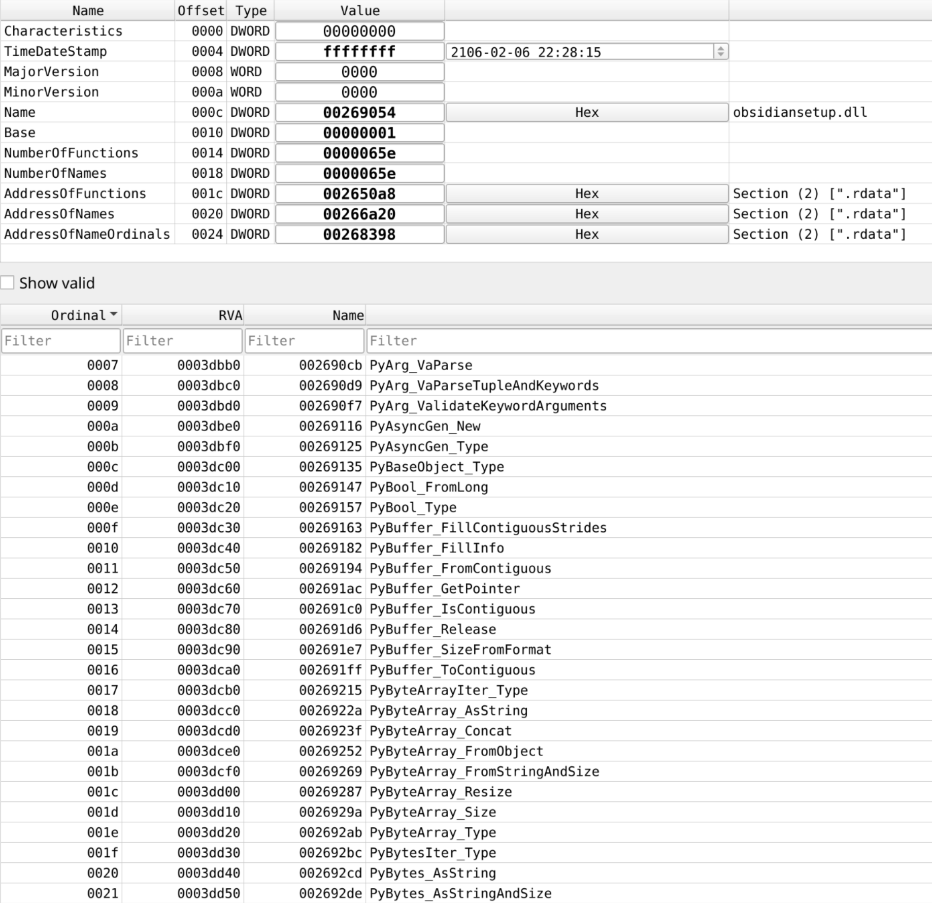 Detect It Easy export-directory view for obsidiansetup.dll, showing hexadecimal counts of 0x65e functions and names and a long list of Python 3.11 API exports including PyArg_VaParse and PyByteArray_Size