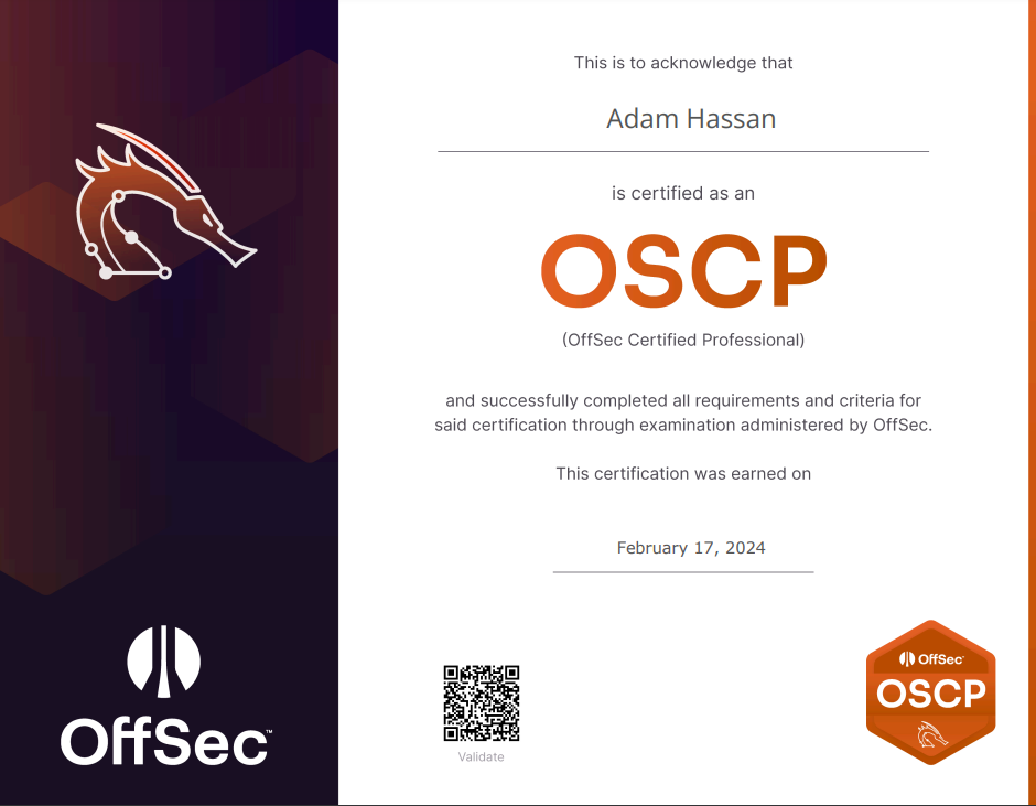 OffSec Certified Professional certificate issued to Adam Hassan on February 17, 2024, with OffSec branding, an OSCP badge, and a validation QR code