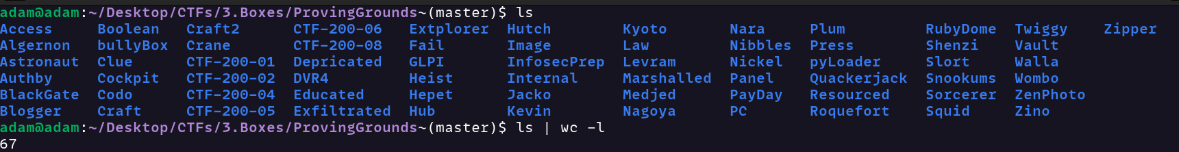 Terminal listing directories for 67 named Proving Grounds practice machines, followed by an ls piped to wc command confirming a total count of 67 completed labs