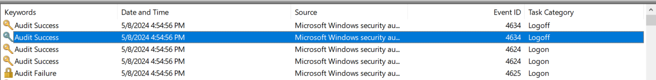 Windows Event Viewer Security log after running the module, showing successful logon and logoff events 4624 and 4634 plus a failed logon event 4625 at 4:54:56 PM