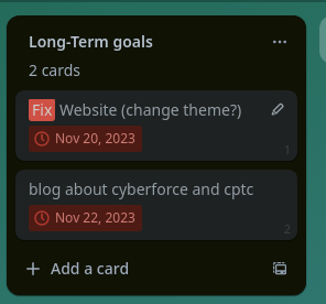 Trello Long-Term goals list with two overdue cards: 'Fix Website (change theme?)' due November 20, 2023, and 'blog about cyberforce and cptc' due November 22, 2023
